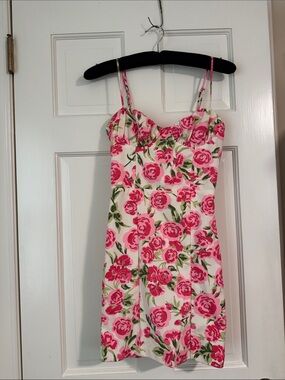 Zara Pink Rose Print Sundress with Green Accents